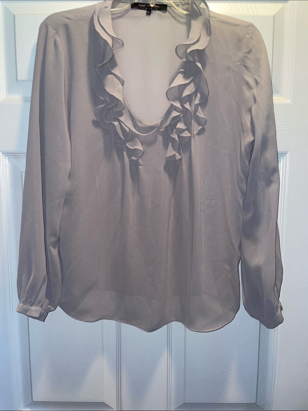 Violet & Claire Light Silver Ruffle Neck Long Sleeve Blouse